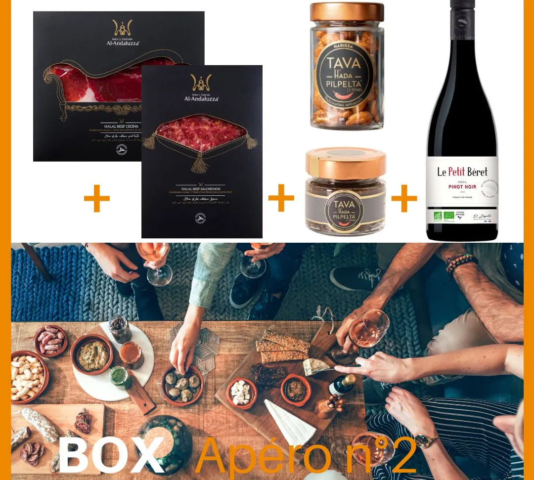 Box hala apéro composée de  cecina de boeuf halal, saucisson de boeuf halal, tapenade et noix de cajou à l'harissa, et une bouteille de vin halal sans alcool pinot noir Le Petit Béret