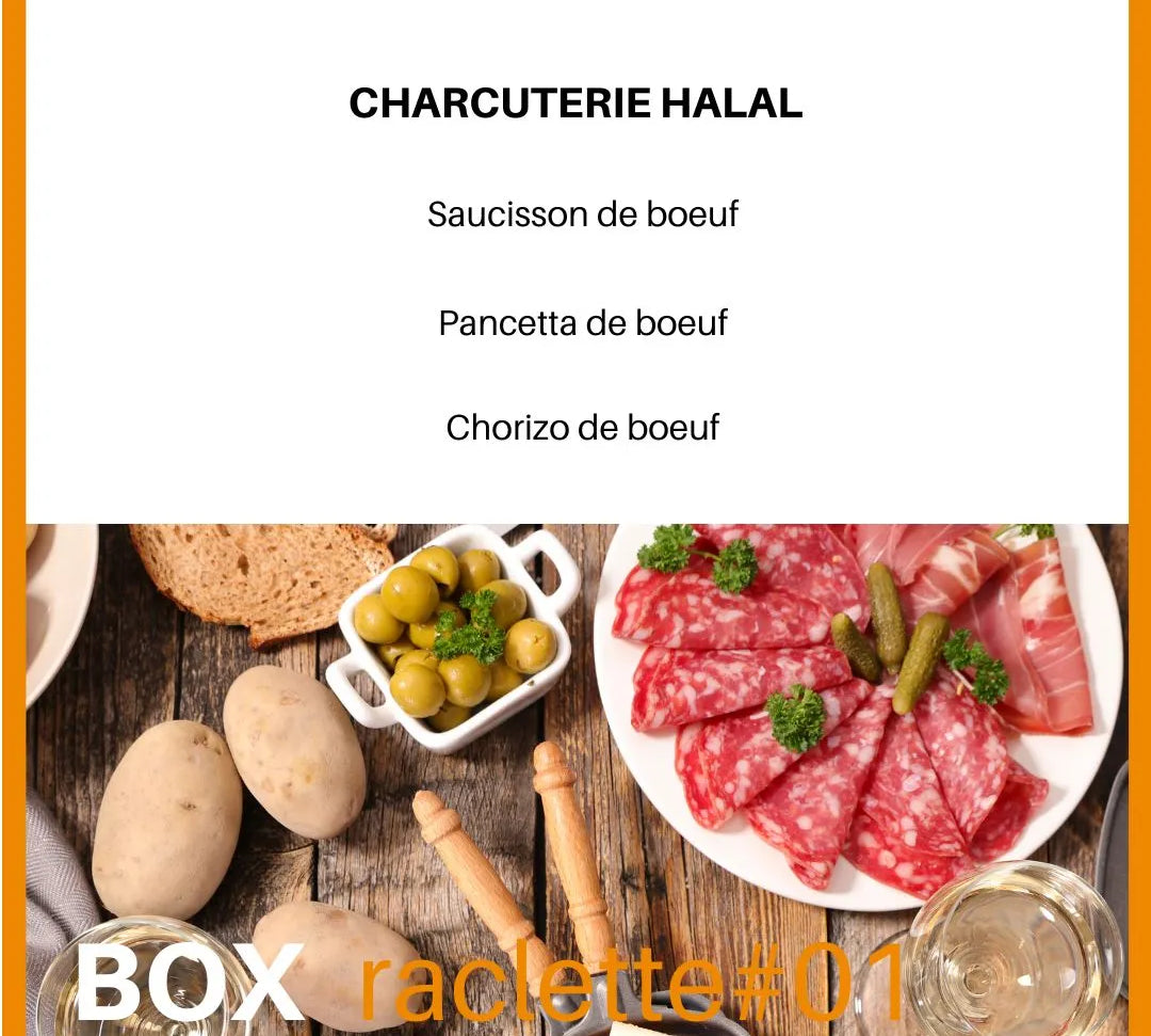 Box raclette halal composée d'un assortiment de charcuterie halal artisanale de boeuf : saucisson de boeuf halal + Pancetta de boeuf halal + Chorizo de boeuf halal