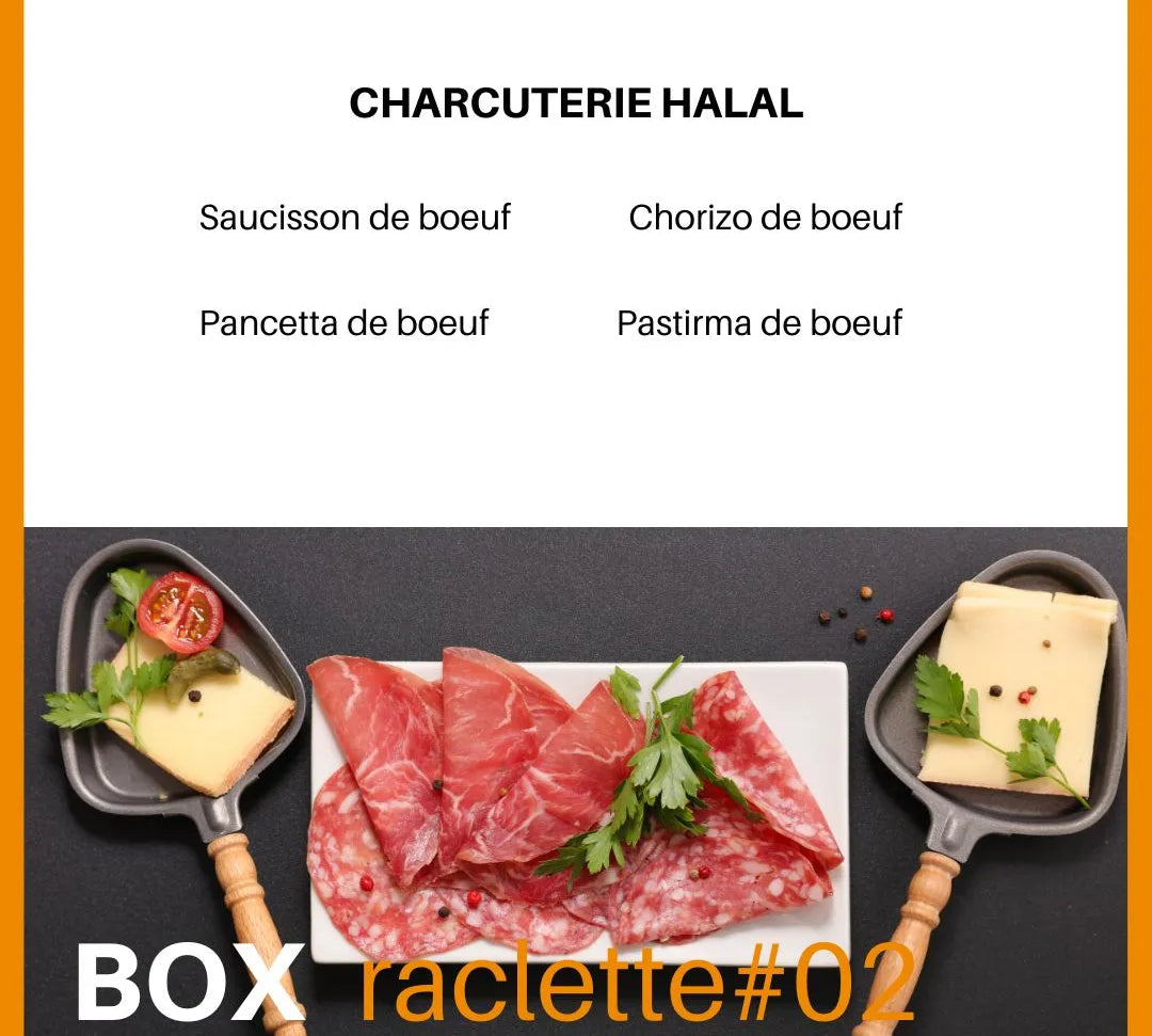 Box raclette halal composée de 4 étuis de  charcuterie halal de boeuf tranchée : saucisson de boeuf halal + Chorizo de boeuf halal + Pancetta de boeuf halal + Pastrima de boeuf halal