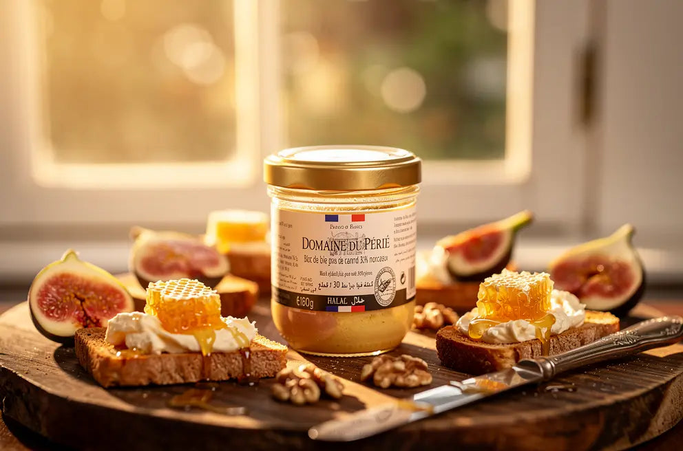 Pot de Bloc de Foie gras halal Domaine du Périé au centre, entouré de tartines au fromage et figues fraîches sur planche.