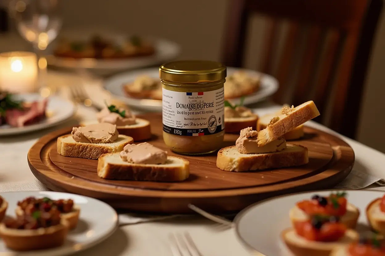 Bloc de foie gras halal Domaine du Périé en pot au centre, entouré de toasts garnis sur plateau en bois lors d’un repas festive.