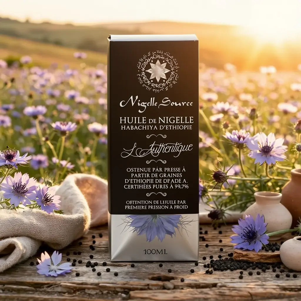 Boîte noire de Huile de Nigelle Nigelle Source sur fond champ fleuri; packaging élégant, texte en français, 100 ml.