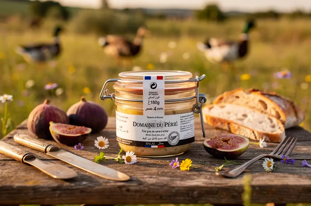 Pot de foie gras halal Domaine du Périé au milieu d’un plateau rustique avec figues, pain et fleurs sauvages en plein air.