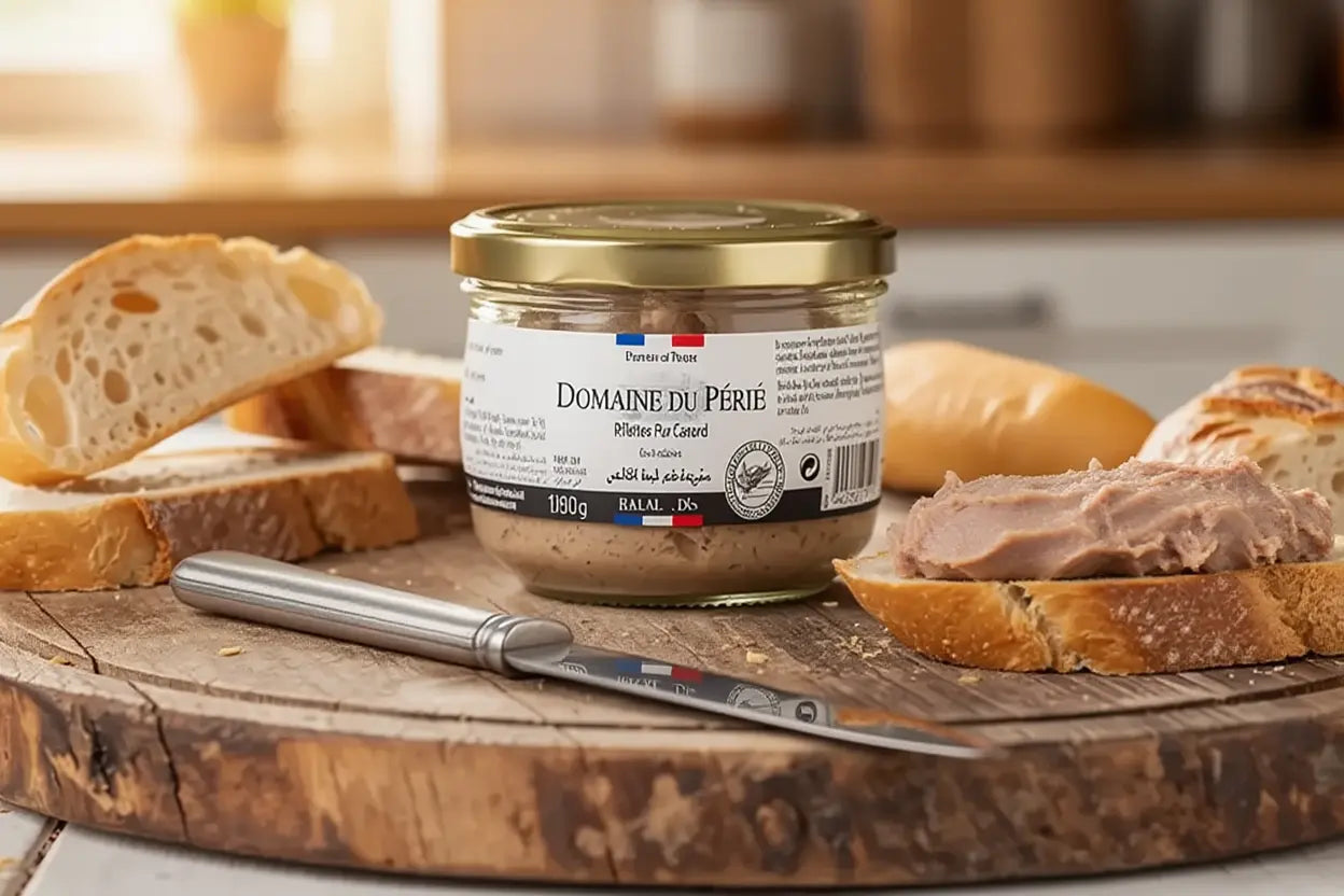 Rillettes halal pur canard Domaine du Périé en pot sur planche, tranches de pain autour et couteau posé.