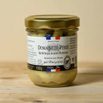 Pot de Bloc de Foie gras halal Domaine du Périer, étiquette blanche avec drapeau tricolore et texte descriptif.