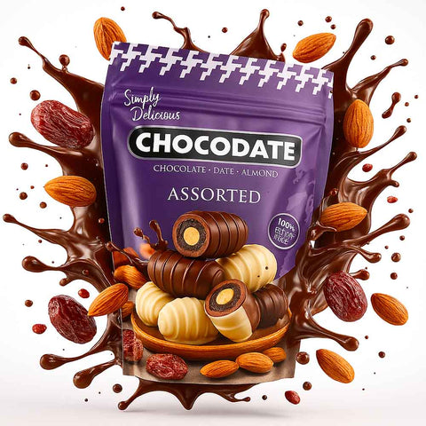 Sachet de chocolats Chocodate assortis en violet, entouré de éclaboussures de chocolat et d’amandes et fruits secs.