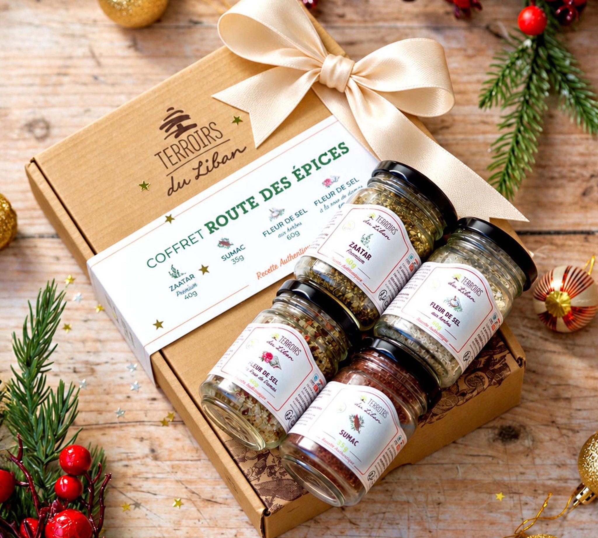 Coffret Route des Épices Terroirs du Liban avec quatre pots de zaatar, sumac et fleurs de sel
