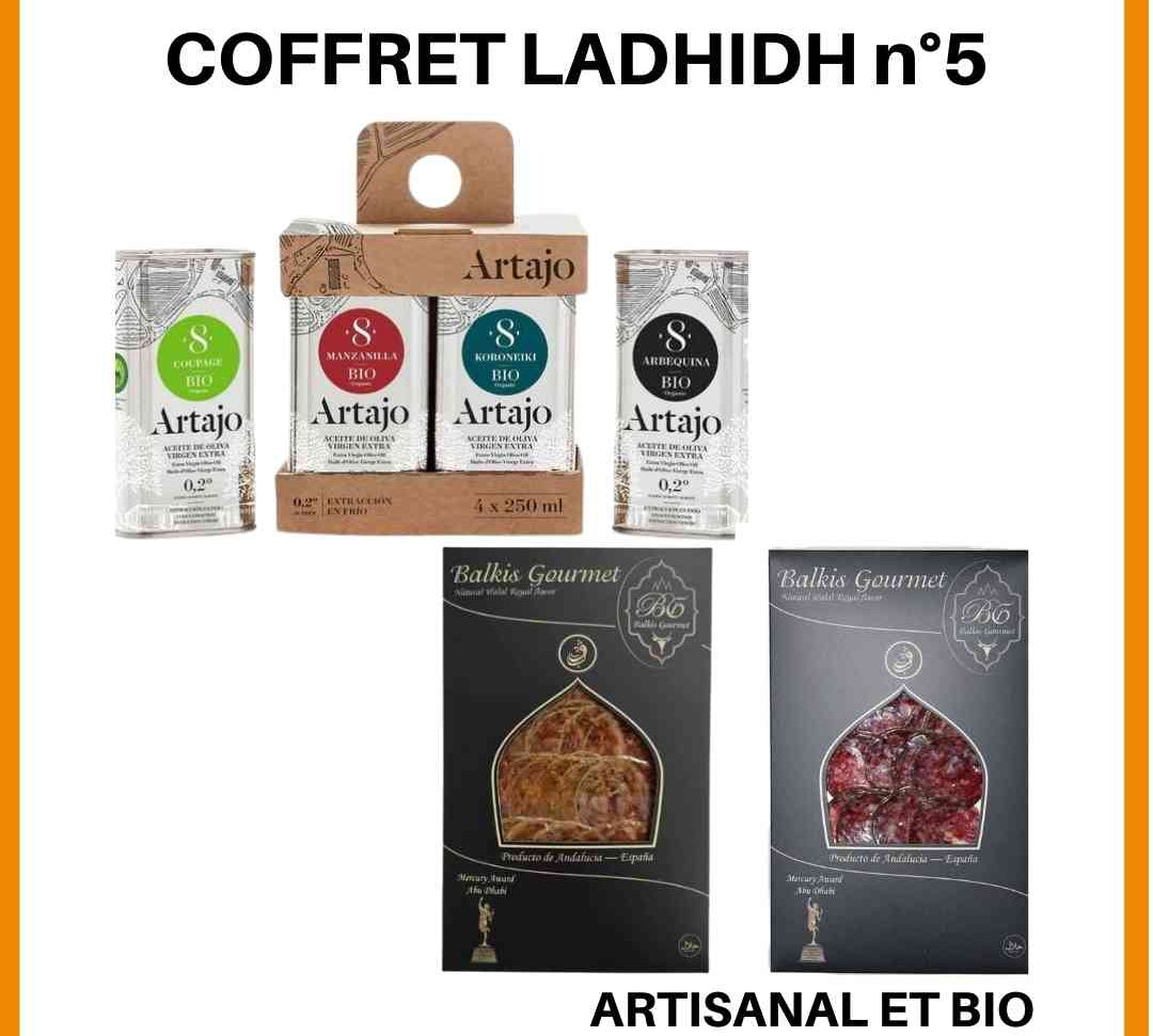 Coffret cadeau halal spécial gourmets composé d'huile d'olive BIO et de charcuterie halal artisanale