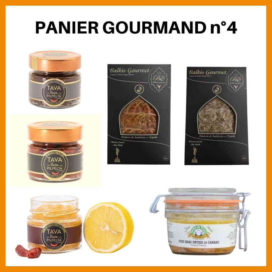 Panier gourmand halal composé de délices à la harissa de chez THP , de charcuterue halal de boeuf de chez Balkis Gourmet et de foie gras halal de canard de la ferme VIcary