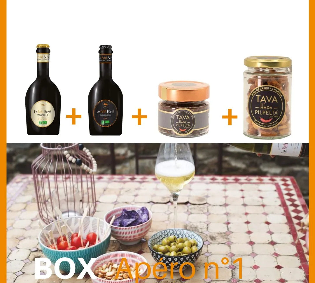 Box halal apéro | Une box spécial apéro halal composée de : 2 bouteilles de bière halal + 1 verrine de Tapenade et noix de cajou à l'harissa THP