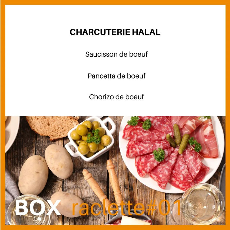 Box raclette halal composée d'un assortiment de charcuterie halal artisanale de boeuf : saucisson de boeuf halal + Pancetta de boeuf halal + Chorizo de boeuf halal