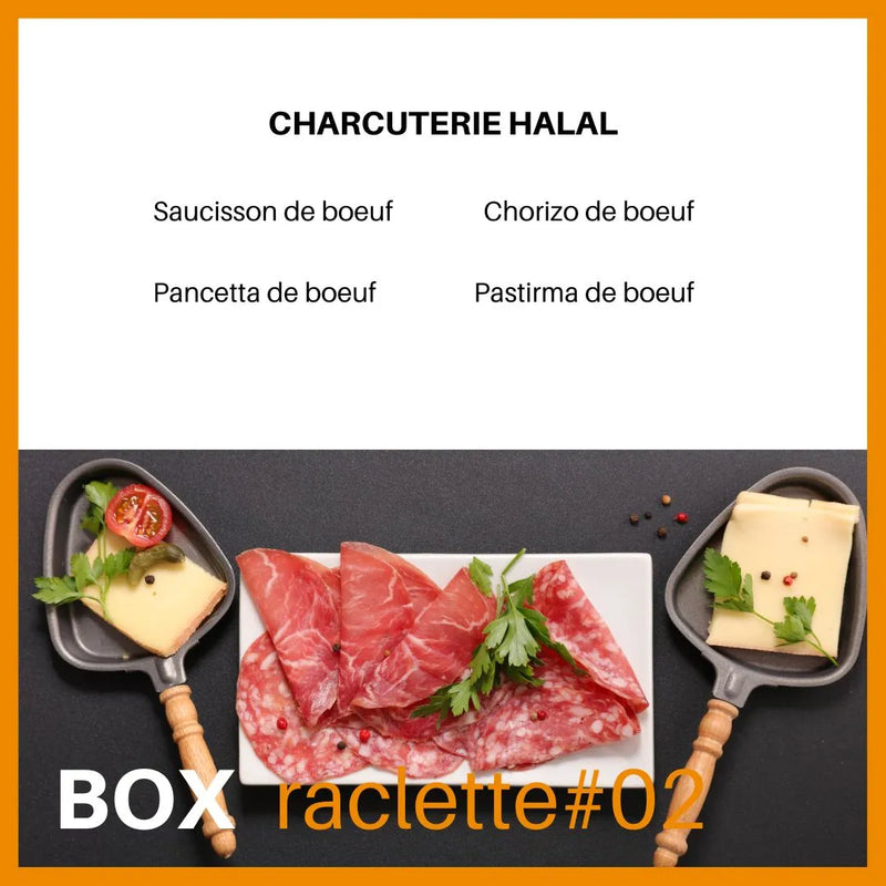 Box raclette halal composée de 4 étuis de  charcuterie halal de boeuf tranchée : saucisson de boeuf halal + Chorizo de boeuf halal + Pancetta de boeuf halal + Pastrima de boeuf halal