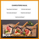 Box raclette halal composée de 5 étuis de charcuterie halal artisanale : saucisson de boeuf halal + Chrorizo de boeuf halal + Pancetta de boeuf halal + Pasterma de boeuf halal + cecina de boeuf halal