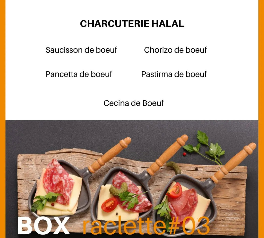 Box raclette halal composée de 5 étuis de charcuterie halal artisanale : saucisson de boeuf halal + Chrorizo de boeuf halal + Pancetta de boeuf halal + Pasterma de boeuf halal + cecina de boeuf halal